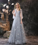 Shiny A Line V-Neck Sequins Tulle Floor Length Prom Dress With Dress Shawl WH26553
