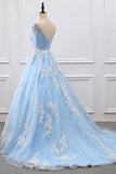 2018 Sky Blue Appliques Charming Ball Gown Off-the-Shoulder V-Neck Prom Dresses uk PM573