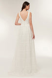 V-Neck Sleeveless Open Back A-Line Lace Ivory Sweep Trailing Wedding Dress Y9509