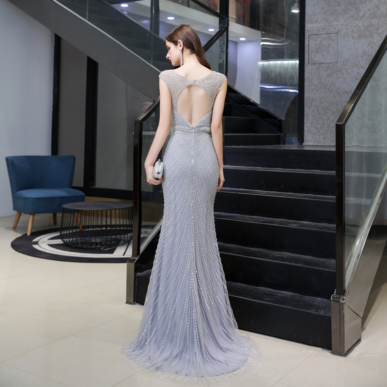 Mermaid V-Neck Sleeveless Sequins Sweep Train Tulle Prom Dress WH92446