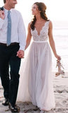 Beach New Style Elegant Modest V-Neck A-Line Backless Tulle Wedding Dresses PM199