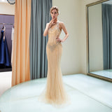 Stunning Mermaid Sleeveless Sequins Beading Tulle Sweep Train Prom Dress Party Dress WH82705