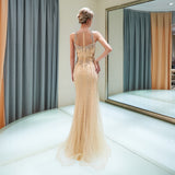 Stunning Mermaid Sleeveless Sequins Beading Tulle Sweep Train Prom Dress Party Dress WH82705