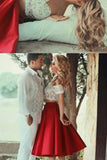 Two Piece Red Satin Lace Off-the-shoulder Tea-Length Short Sleeve Party Dress