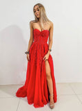 Shiny A Line Appliques Red Prom Dress Evening Dress PD1132