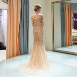 Mermaid V-Neck Cap Sleeve Sequins Beading Sweep Train Prom Dress Party Dress WH94709