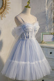 Spaghetti Straps Light Blue Lace Appliques Tulle Princess Homecoming Dresses