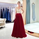 A Line V-Neck Beading Red Satin Floor Length Prom Dress Party Dress WH58706