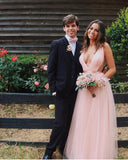 Charming A Line V Neck Open Back Tulle Pink Prom Dresses with Beading, Prom Dress P1506