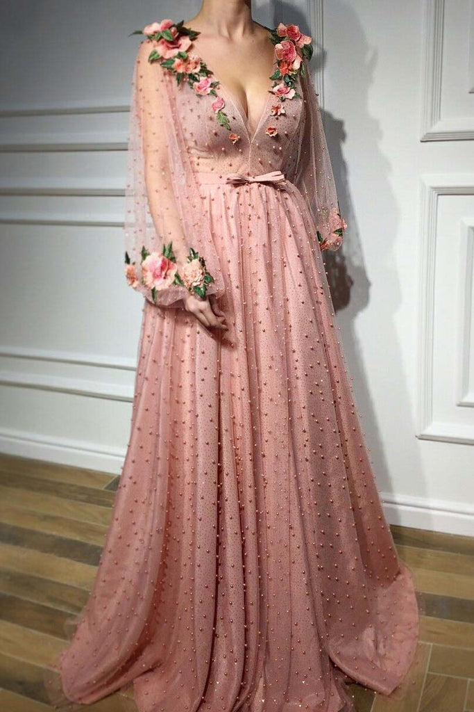 3D Floral Long Sleeve Pink Prom Dresses, Pearl Beaded V Neck Formal Dresses uk PW377