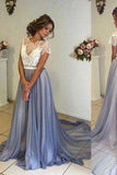 A Line Chiffon Short Sleeves Scoop Blue Backless Evening Dresses
