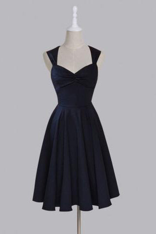 Sweetheart Sleeveless Tea-Length Ruched Dark Navy Taffeta Homecoming Dress PM459