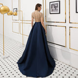 Vintage A Line Short Sleeve High Neck Beading Satin Floor Length Prom Dress WH59322