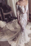 Illusion Neckline Lace Appliques Mermaid Long Sleeves Court Train Ivory Wedding Dresses uk PH846