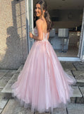 Sweetheart A Line Strapless Pink Tulle Long Prom Dresses Evening Gowns