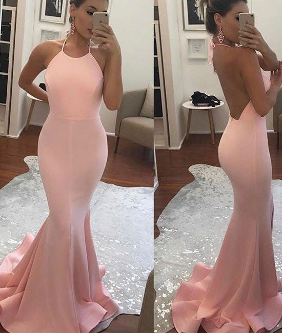Mermaid Halter Pink Backless Long Sleeveless Floor Length Prom Dress