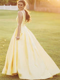Cute A Line V Neck Yellow Long Prom Dresses PD1117