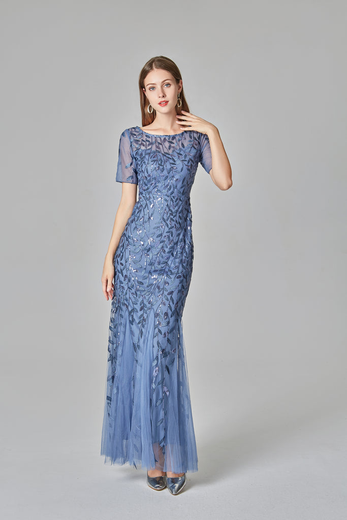 Elegant Mermaid Burgundy Tulle Round Neck Beads Long Prom Evening Dress ...