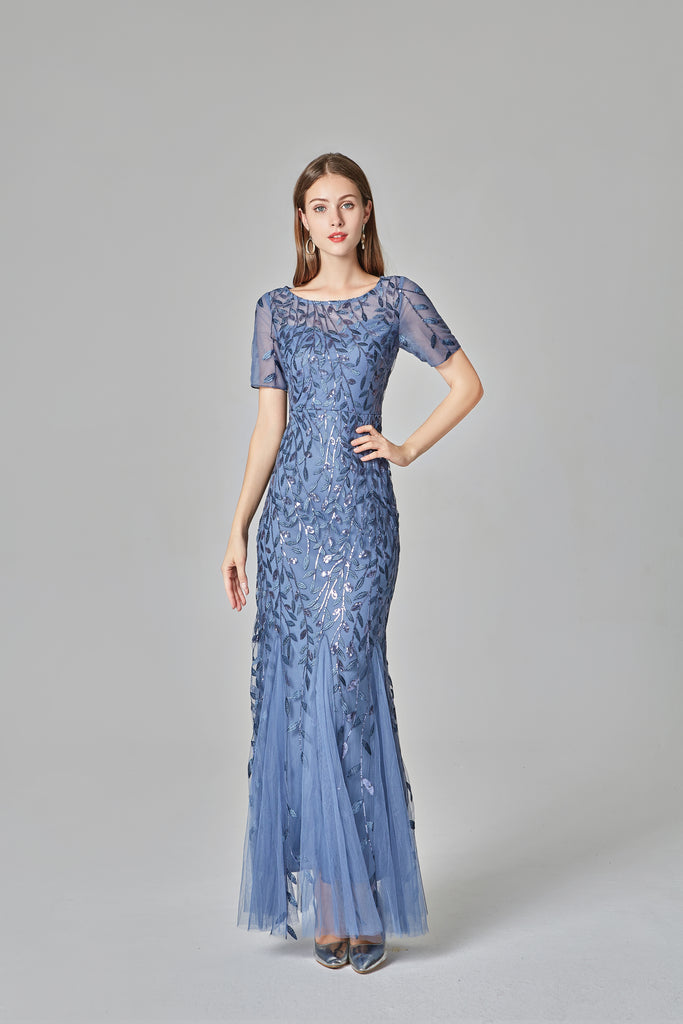 Elegant Mermaid Burgundy Tulle Round Neck Beads Long Prom Evening Dress ...