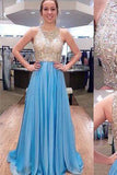 Blue Beads Backless Prom Dresses Evening Gowns
