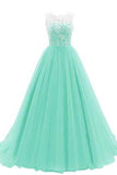 A Line Mint Sleeveless Lace Long Prom Dresses