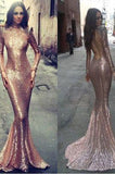 Long Sleeve Mermaid Rose Gold Sequin Backless Prom Dress