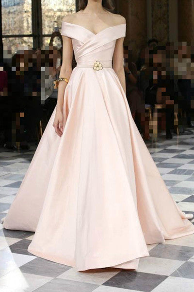 Elegant Pink Satins Off-Shoulder A Line Long Evening Dresses For Prom