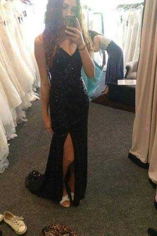 Black Long Sexy V-Neck Side Slit Sequins Sparkle Sleeveless Evening Dress
