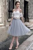 White Lace Tulle Two Pieces Off Shoulder Short Sleeve Short Prom Dress,Homecoming Dress PH454