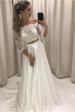 A-line Princess Lace Bodice 3/4 Sleeves Two Pieces Satin Simple Wedding Dresses PH728