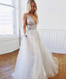 A Line Deep V-Neck Backless White Tulle Prom Dress With Appliques Evening Dress P1275