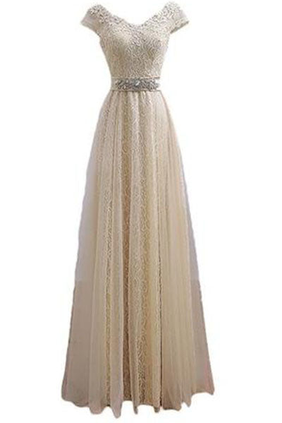 V-Neck Cap Sleeve Lace Party Prom Dress