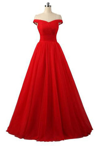 Elegant A Line Off The Shoulder Red Lace-up Floor-Length Prom Dresses