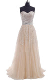 Sweetheart Strapless Tulle Sequins Long Prom Dresses