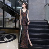 Gorgeous Mermaid V-Neck Sleeveless Tassels Split Sequins Floor Length Prom Dress Party Dress WH24444