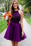 Purple Halter Backless Beads Tulle Mini Sweet 16 Homecoming Dress PM433