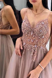 Gorgeous A Line Spaghetti Straps V-Neck Blush Tulle Prom Dress P1213