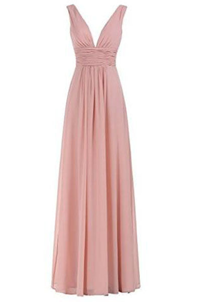 Sexy V-Neck Ruched Waist Long Prom Evening Gown Bridesmaid Dresses