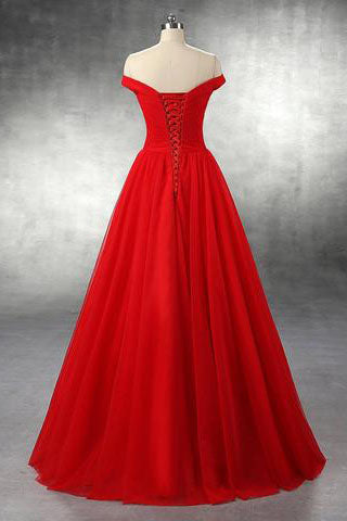 Elegant A Line Off The Shoulder Red Lace-up Floor-Length Prom Dresses