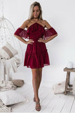 Chic Halter Backless Burgundy Chiffon Off the Shoulder Homecoming Dress with Ruffles PH678