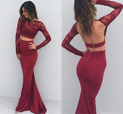 Two Pieces Burgundy Sexy Backless Lace Long Sleeves Evening Dress