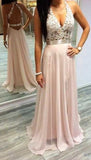 Pink V-Neck Lace Appliques Sleeveless Open Back Chiffon Prom Dresses