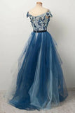 Blue Off the Shoulder Tulle V-Neck Cap Sleeve Beads Prom Dress with Applique P1227