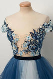 Blue Off the Shoulder Tulle V-Neck Cap Sleeve Beads Prom Dress with Applique P1227