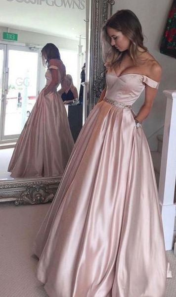 Pearl Pink A Line Off the Shoulder Sweetheart Pockets Long Prom Dress