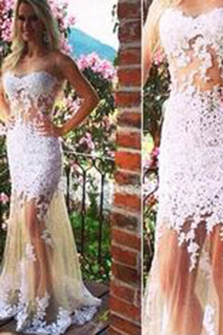 Generous Prom Dress Champagne Tulle Backless with whiter Lace appliques Evening Dress