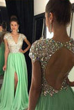 Sexy Green Open Back V-Neck Beaded Side Slit Prom Dress