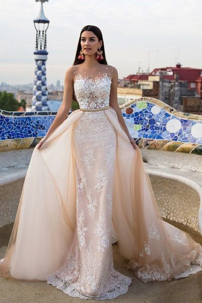Lace Elegant Trumpet Modest Detachable Train Wedding Dress