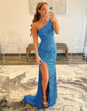 Charming Mermaid Glitter One Shoulder Side Slit Open Back Prom Dress