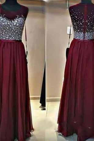 Long Burgundy Beaded Charming Sparkly Floor Length Prom Dress